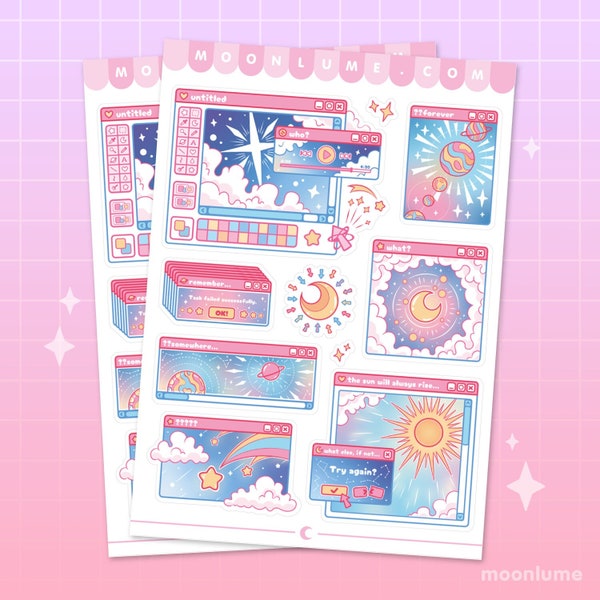 Cosmic Computer sticker sheet - 10 cute matte vinyl waterproof stickers, y2k aesthetic stickers, kawaii sticker sheet, cosmic stationery