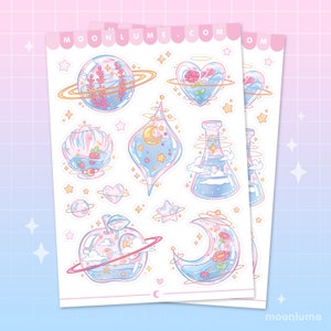 Folha de adesivos PLANETAS DE VIDRO - 16 adesivos fofos de vinil fosco à prova d'água, adesivos de arte estética, papelaria estética kawaii, adesivos em tons pastéis