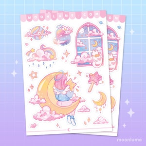 Foglio di adesivi Pastel Dreams & Moon Girl - 16 adesivi impermeabili in vinile opaco, adesivi pastello, foglio di adesivi kawaii, cancelleria kawaii
