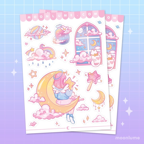 Pastel Dreams & Moon Girl sticker sheet - 16 cute matte vinyl waterproof stickers, pastel stickers, kawaii sticker sheet, kawaii stationery