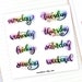 Weekdays planner sticker sheet - 8 rainbow watercolor stickers, monday to sunday and weekend rainbow labels, bullet journal stickers