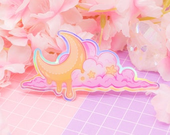 Smeltende maanwolk holografische vinylsticker - schattige kosmische sticker, esthetische sticker, pastelbriefpapier, iriserende kawaiisticker, roze