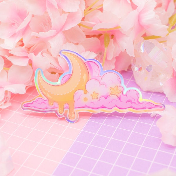 Pegatina de vinilo holográfica de nube de luna derretida: linda pegatina cósmica, pegatina estética, papelería pastel, pegatina kawaii iridiscente, rosa