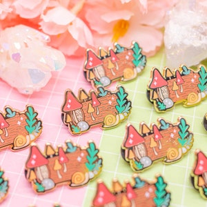 Mushroom Log enamel pin - cute snail forest lapel pin, kawaii enamel pin, nature pins, cottagecore enamel pins, enchanted forest, animals