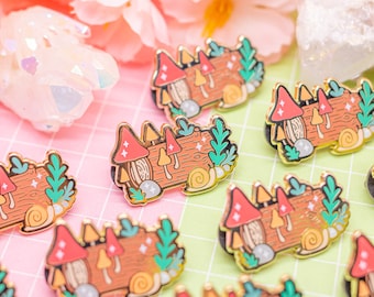 Mushroom Log enamel pin - cute snail forest lapel pin, kawaii enamel pin, nature pins, cottagecore enamel pins, enchanted forest, animals