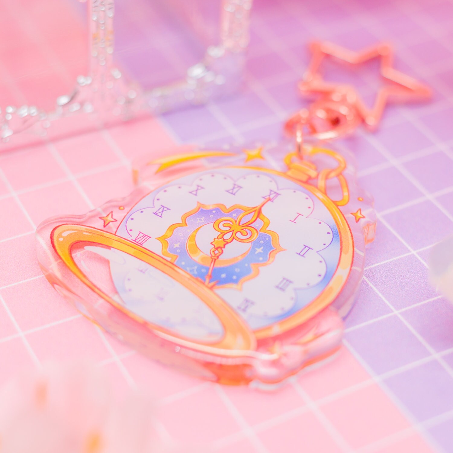 宇宙の懐中時計型アクリルキーホルダー：魔女の星型留め金キーリング