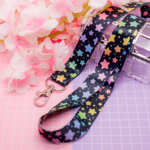 Rainbow Stars lanyard - kawaii rainbow lanyard, cute card holder, event pass lanyard, lanyard with lobster clasp, kawaii badge holder, star