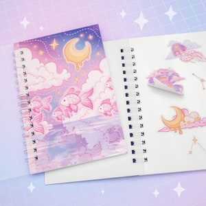 Książka do kolekcjonowania naklejek wielokrotnego użytku - Cosmic Swim - papier do wydawania naklejek do kolekcji naklejek, album na naklejki, kawaii księżyc, syrenka, różowy