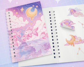 Reusable sticker collecting book - Cosmic Swim - sticker release paper for sticker collection, sticker album, kawaii moon, mermaid, pink