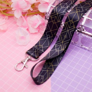 Art Deco Clair Obscur lanyard - artdeco card holder, event pass lanyard, lanyard with lobster clasp, black badge holder, geometric pattern