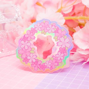 CHERRY BLOSSOM RING holografische vinylsticker - schattige waterdichte sticker, sakura sticker, bloemen briefpapier, bloem sticker, Japanse bloemen