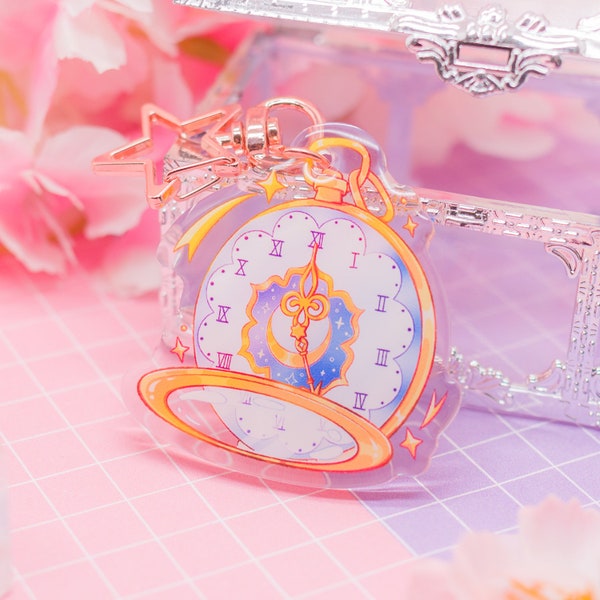 Cosmic Pocket Watch acrylic keychain - whimsical / magical acrylic charm, cute clock keyring with star clasp, witchy accessories, aesthetic