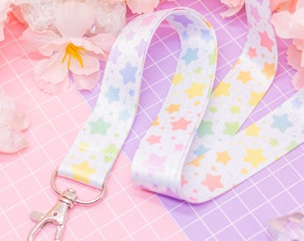 Rainbow Stars lanyard - kawaii rainbow lanyard, cute card holder, event pass lanyard, lanyard with lobster clasp, kawaii badge holder, star