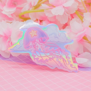 Adesivo de vinil holográfico de água-viva cósmica - adesivo fofo de vida marinha, adesivo estético, papelaria pastel, adesivo kawaii iridescente, rosa