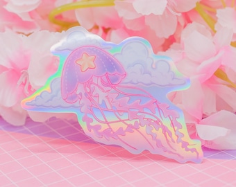 Cosmic Jellyfish holographic vinyl sticker - cute sea life sticker, aesthetic sticker, pastel stationery, iridescent kawaii sticker, pink