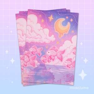 Impression d'art A5 - Cosmic Swim - Impression d'art de carte postale esthétique kawaii, jolie décoration murale, décoration d'océan, nautique, sirène, rose pastel, poisson