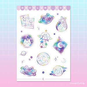 ADESIVOS ESPACIAIS MEOWTER - folha de adesivos de vinil fosco - 19 adesivos estéticos fofos de galáxias, adesivos espaciais, adesivos de estrelas, adesivos de gatos, kawaii imagem 2
