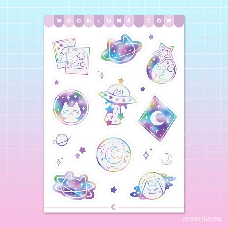 ADESIVOS ESPACIAIS MEOWTER - folha de adesivos de vinil fosco - 19 adesivos estéticos fofos de galáxias, adesivos espaciais, adesivos de estrelas, adesivos de gatos, kawaii imagem 2