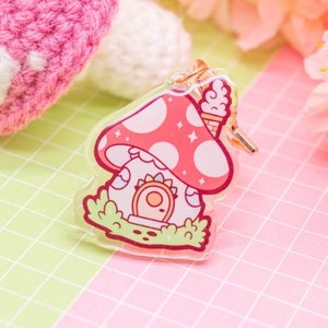 Mushroom House acrylic keychain - kawaii acrylic charm, cute keychain with star clasp, enchanted forest keychain, cottagecore charm, keyring