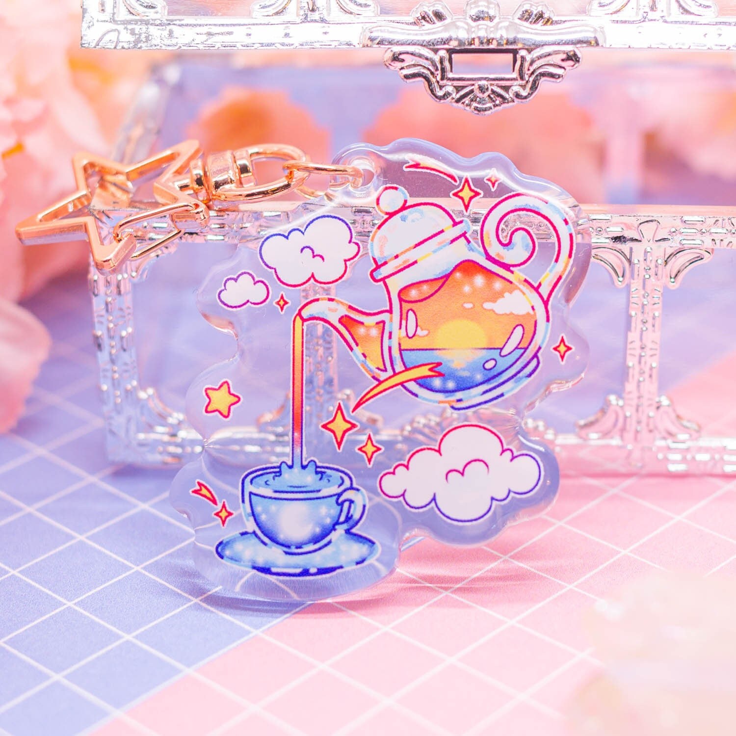 Sunset Tea Acrylic Keychain: Kawaii Teapot Charm With Star Clasp