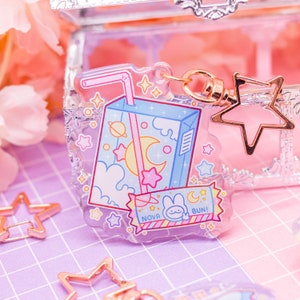 Cosmic Snack acrylic keychain - kawaii aesthetic acrylic charm, cute keychain with star clasp, celestial moon keychain, pastel blue keyring