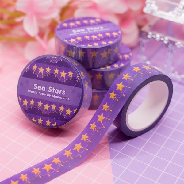 Sea Stars - washi-tape geïnspireerd op Infinity Nikki - decoratieve tape met sterrenhemel voor bullet journals en planners, schattig briefpapier, kawaii, paars