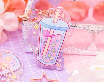 Cosmic Bubble Tea acrylic keychain - kawaii aesthetic acrylic charm, cute keychain with star clasp, boba keychain, pastel pink keyring, blue