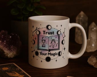 Witchy Moon Phases Mug: Pastel Galaxy Spellbook Coffee Cup