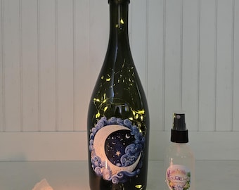 Crescent Moon Fairy Light Bottle Gift Set | Celestial Night Sky Decor, Aura Spray, Clear Quartz & Candle | Moon Lover Gift