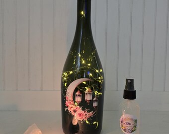 Floral Crescent Moon Fairy Light Bottle Set | Aura Spray, Clear Quartz & Candle | Celestial Decor, Moon Water Bottle, Spiritual Gift