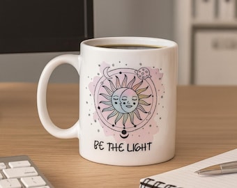 Be The Light Sun and Moon Coffee Mug – Celestial Boho Cup with Inspirational Quote