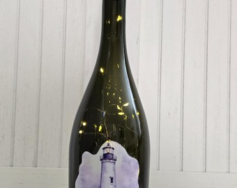 Lone Lighthouse Wine Bottle Night Light – Coastal Nautical Decor – Upcycled Bottle Lamp – Ocean-Inspired Gift