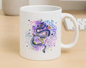 Mystical Snake & Florals Coffee Mug – Witchy Pastel Serpent Design with Cosmic Accents