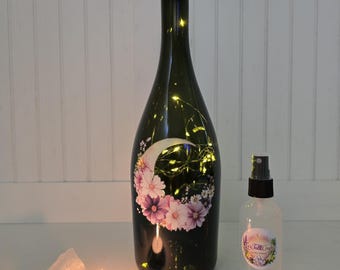 Floral Crescent Moon Fairy Light Bottle Gift Set | Celestial Decor, Aura Spray, Clear Quartz Crystal & Candle | Spiritual Gift