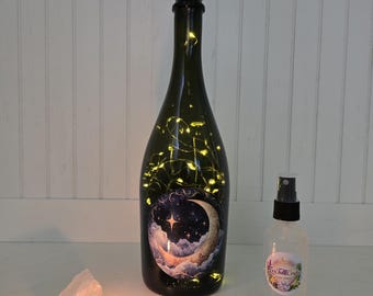 Crescent Moon Fairy Light Bottle Gift Set | Aura Spray, Clear Quartz & Candle | Celestial Decor, Moon Water Bottle, Witchy Spiritual Gift