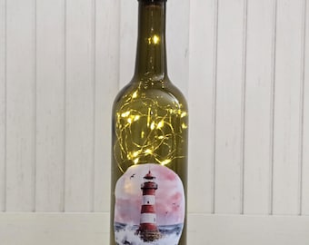 Pink Sunset Lighthouse Wine Bottle Light: Coastal Nautical Decor