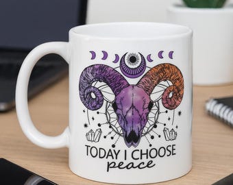 Witchy Ram Skull Coffee Mug: Crystal & Moon Phase - Spiritual Boho Gift