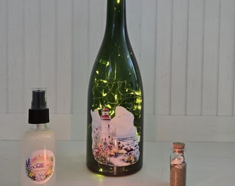 Lighted Lighthouse Bottle Gift Set | Coastal Home Decor, Ocean Inspired Accents