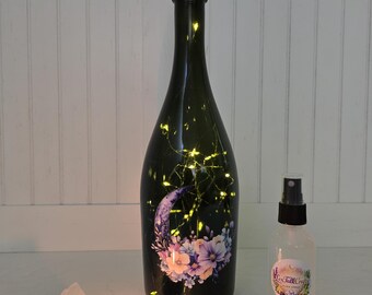 Floral Crescent Moon Fairy Light Bottle Gift Set | Celestial Witchy Decor | Aura Spray Crystal & Candle