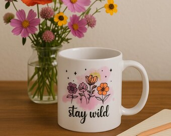 Stay Wild Mug – Floral Coffee Cup with Watercolor Pink & Yellow Background, Boho Wildflower Gift