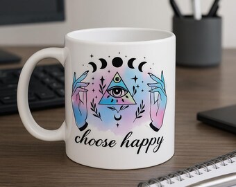 Witchy All-Seeing Eye Mug: Boho Moon Phases & Crystal Hands