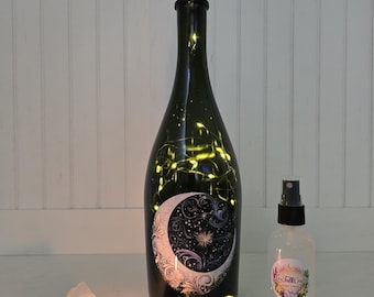 Starry Night Crescent Moon Fairy Light Bottle Set | Aura Spray, Clear Quartz & Candle | Celestial Decor, Moon Water Bottle, Spiritual Gift
