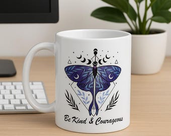 Lunar Moth Coffee Mug: Celestial Moon Phases, Inspirational Quote