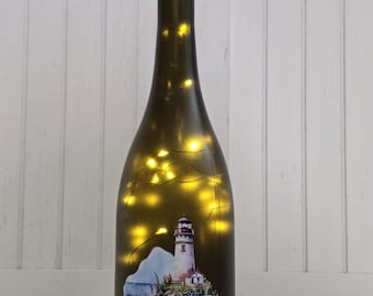 Lighthouse Wine Bottle Night Light: Upcycled Coastal Decor