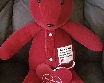 19" Memory Keepsake, Remembrance Bears, Made to Order From your loved one's articles of clothing.  Free Shipping.