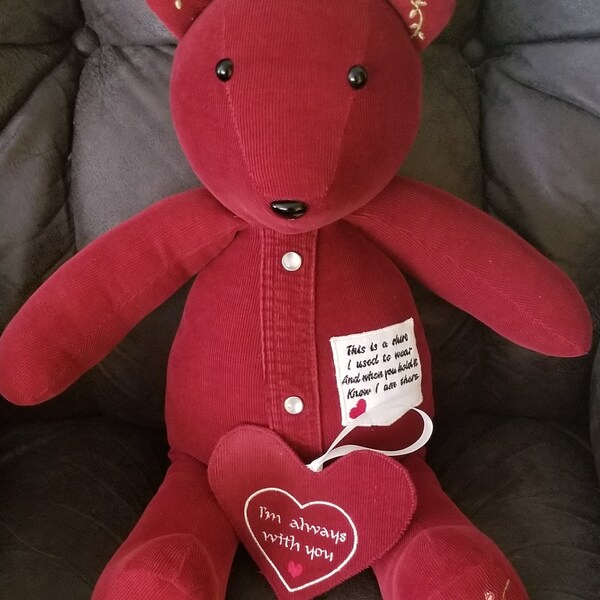 19" Memory Keepsake, Remembrance Bears, Made to Order From your loved one's articles of clothing.  Free Shipping.