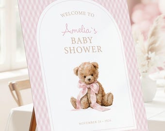 Teddy Bear Baby Shower Welcome Sign, Pink Gingham We Can Bearly Wait, Printable Girl Decor - Digital download