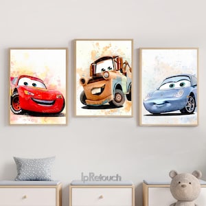 Cars Wall Art Set of 3, Lightning McQueen, Mater & Sally Carrera Posters, Digital Download for Boys Room, Cars Bedroom Decor, Nursery Prints