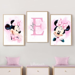 Minnie Mouse aangepaste naamafdruk, Minnie Mouse kunstposter set van 3 prints, gepersonaliseerd cadeau, prints Minnie Mouse kinderkamer