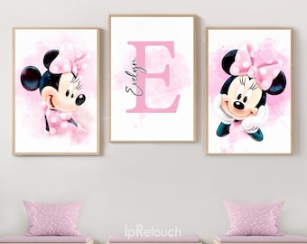 Minnie Mouse Custom Name Print, Minnie Mouse art poster set of 3 prints, Personalized gift, Minnie Mouse Nursery bedroom prints